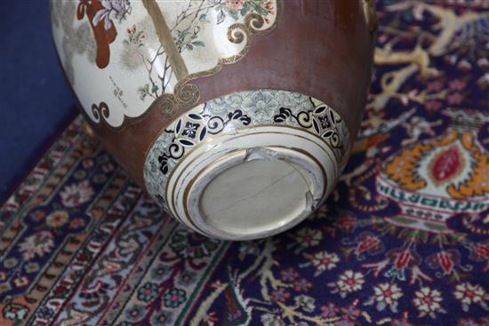 A large Japanese Satsuma pottery ovoid vase and stand, by Kinkozan, late 19th century, 58cm., damages